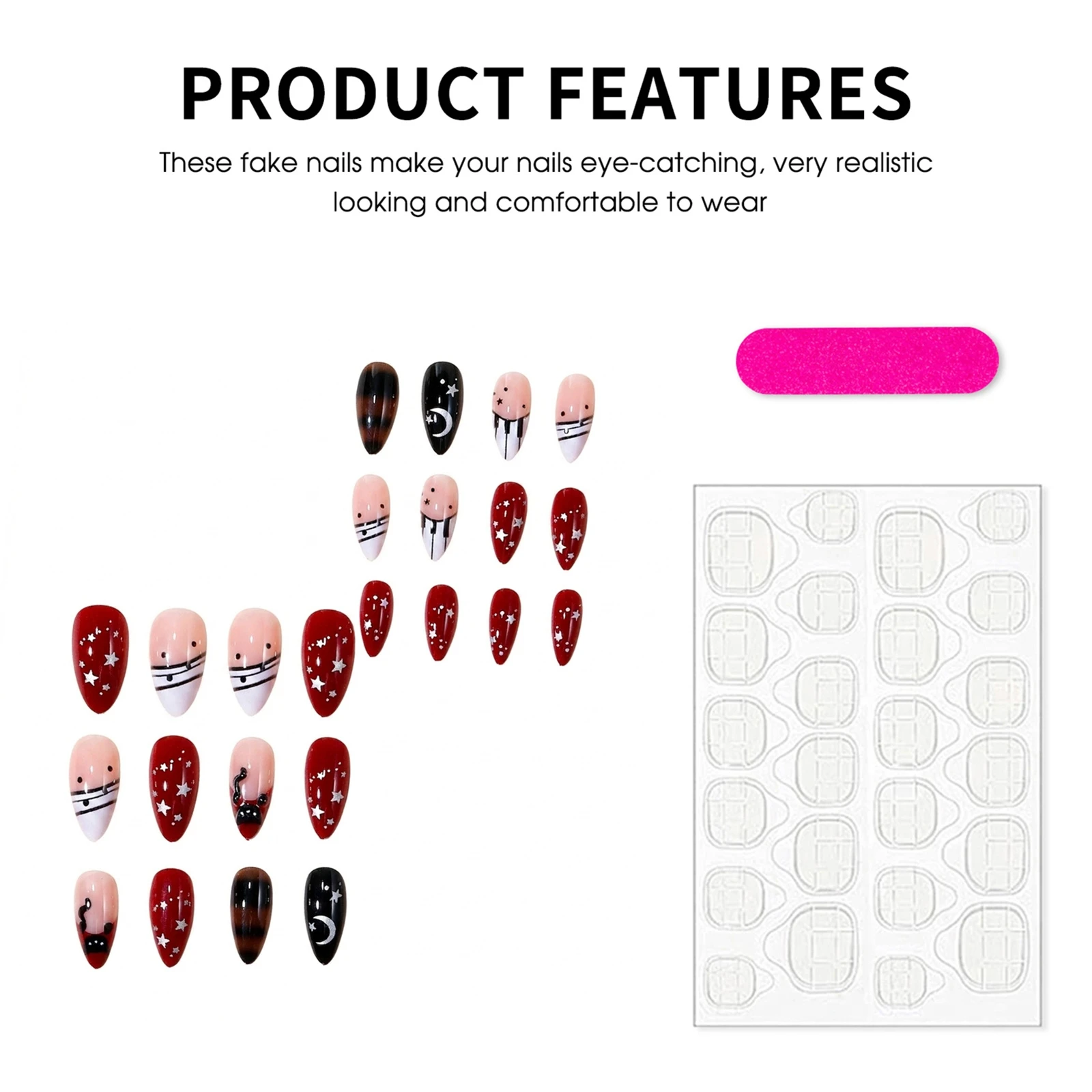 Reusable Press On Nails Resin 3D Black Cat Star Moon French Edge High Glossy False Nails for Parties Daily Wear Durable