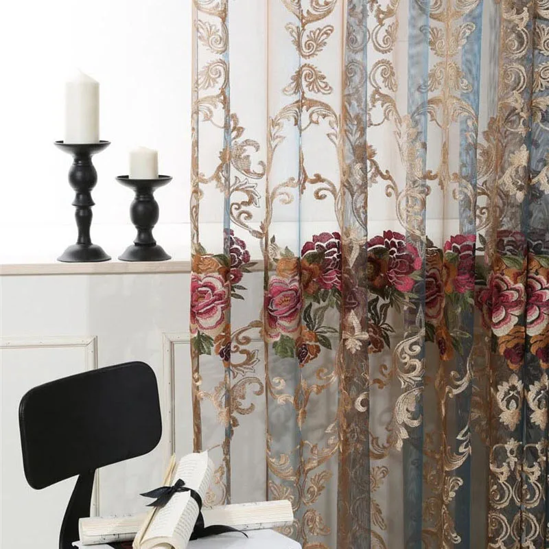 European Luxury Blue Brown Gradient Sheer Curtain Red Peony Embroidery Window Screen For Living Room Bedroom Villa Home Decor