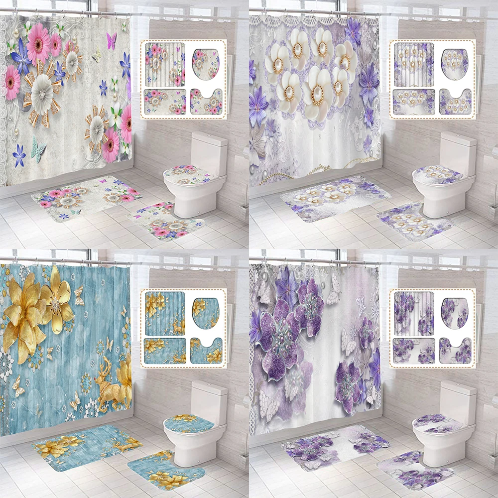

Diamond Flower Butterfly Waterproof Polyester Shower Curtain Set Anti-Slip Bath Mats Rugs Toilet Carpet Home Bathroom Decoration