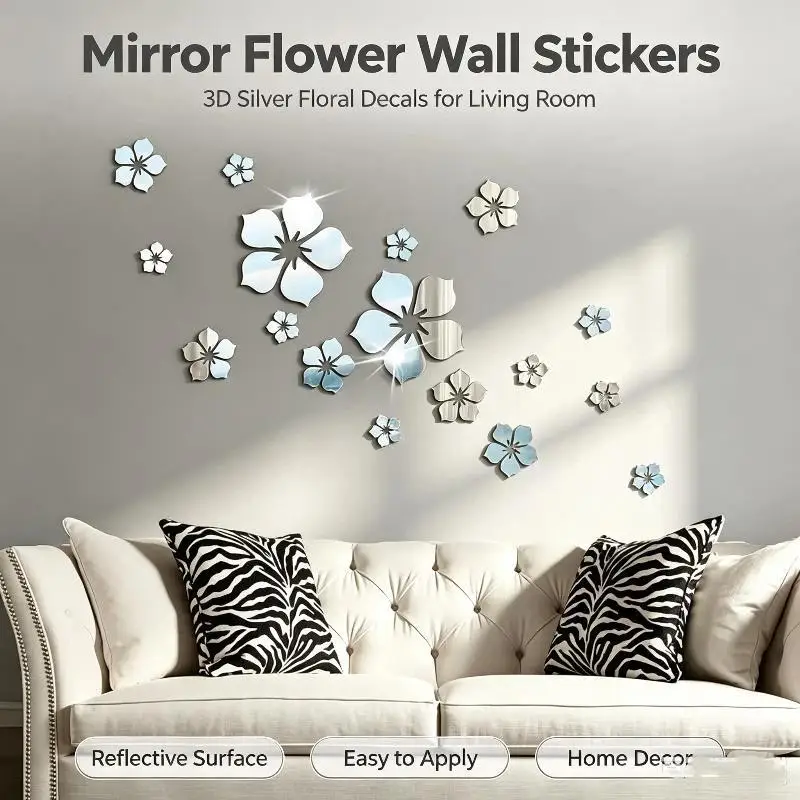 18Pcs 3D Flower Mirror Wall: Stickers Acrylic TV Background Art Mural Bedroom Self-adhesive