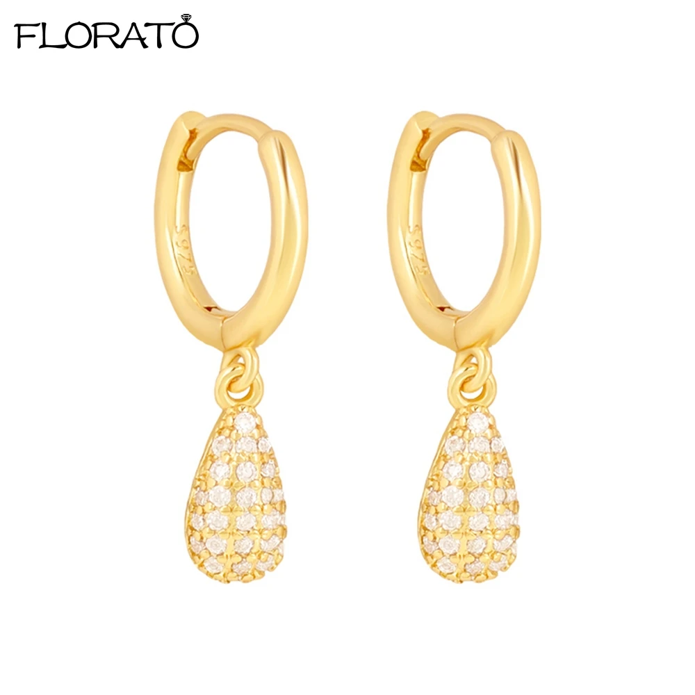 

925 Sterling Silver Needle Sparkling Water Droplet Pendant Zircon Earrings New Gold Color Hoop Earrings for Women Fine Jewelry
