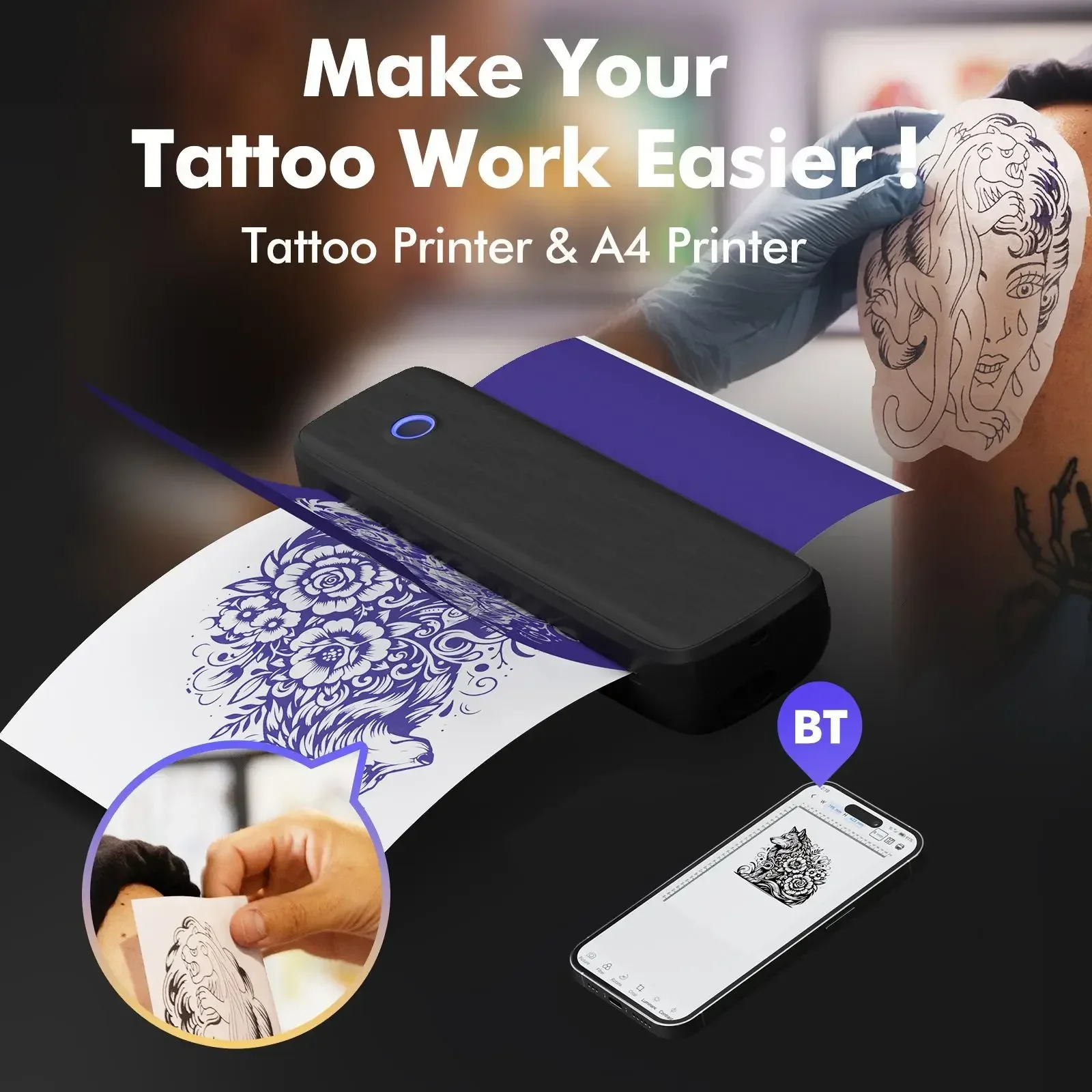 Máquina de tatuaje térmica Bluetooth, papel de transferencia A4, máquina de tatuaje de impresión inalámbrica, máquina de transferencia de tatuaje Bluetooth portátil