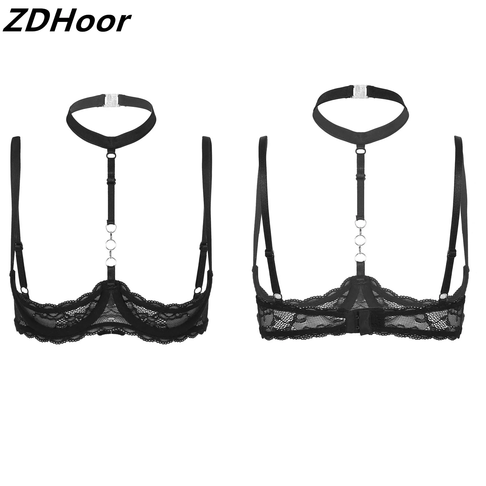 

Womens 1/4 Cups Underwire Bra Top Halter Neck O Ring Sheer Lace Push Up Brassiere Lingerie Underwear