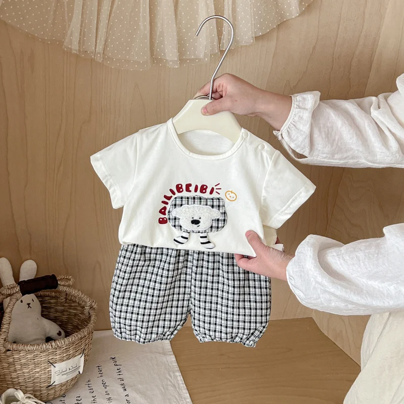 

Boys' three-dimensional short-sleeve plaid pants set, new summer cartoon cute super adorable outfit, two-piece set for baby girl