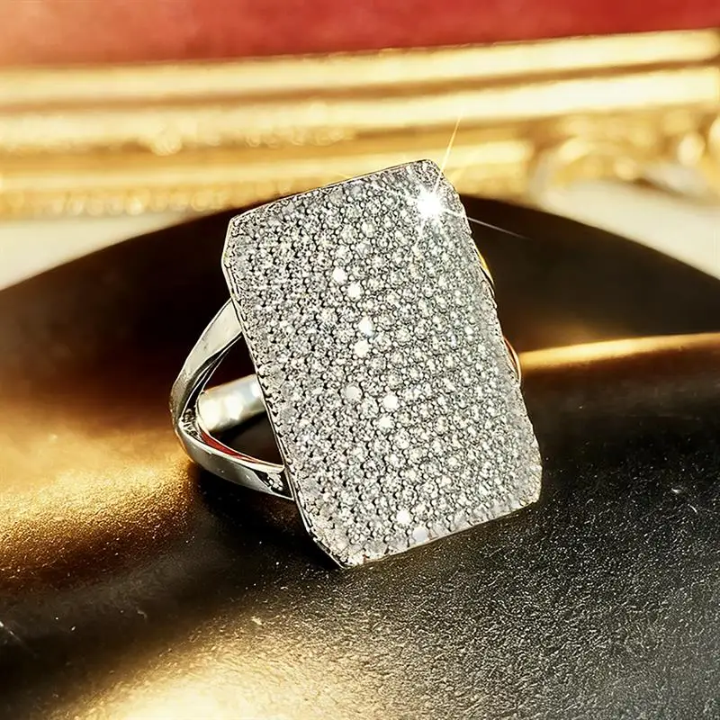 Huitan Funkelnder geometrischer Ring für Damen, voller brillanter Zirkonia, modisches Hochzeits- und Party-Zubehör, eleganter Luxusschmuck – Detail 7