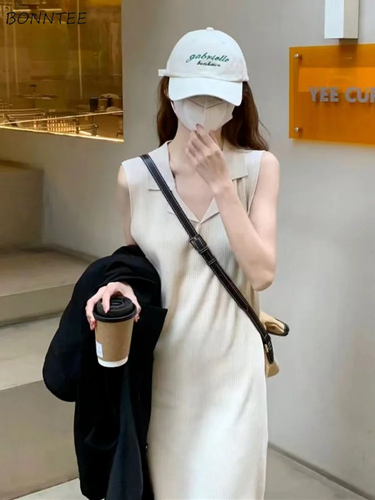 

Sleeveless Dress Women Leisure Midi Office Lady Solid Temperament Korean Style Minimalist Gentle Lapel Vestidos Spring 2023