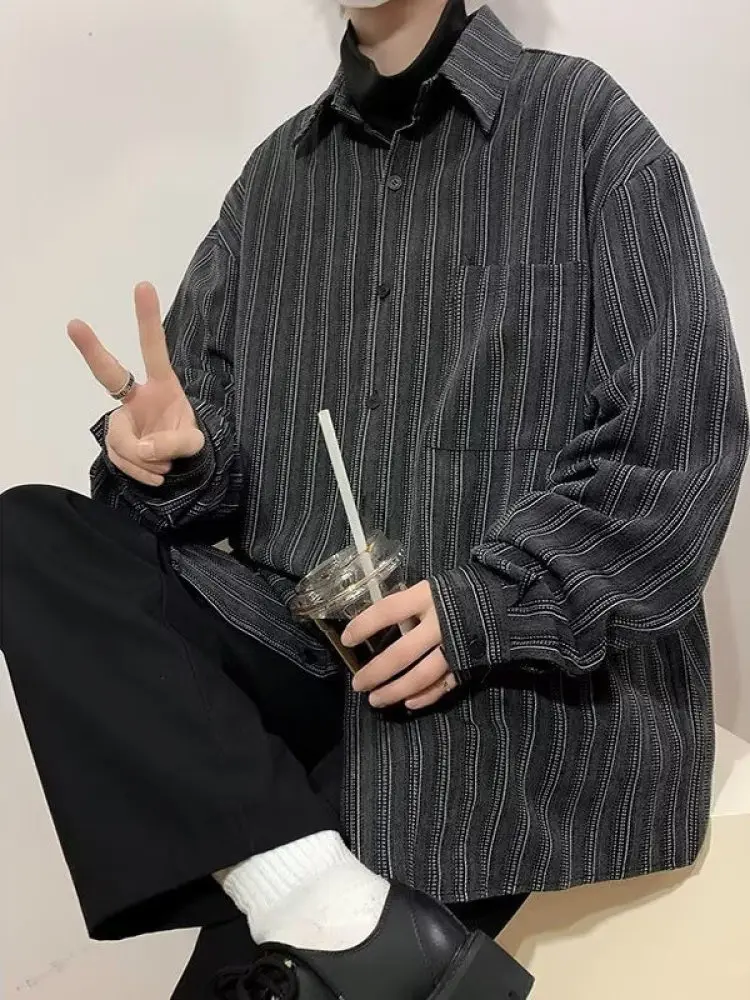 

Мужская свободная полосатая рубашка с длинным рукавом в американском ретро-стиле для осени и весны, базовая рубашка в японском стиле для мальчиков