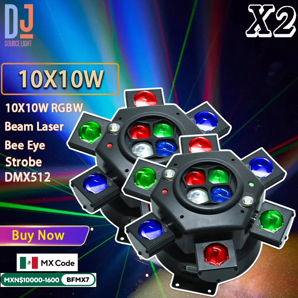 2Pcs/lot New 10X10W RGBW Moving Head Light Bee Eye Beam RG Laser Strobe Stage Lights DMX512 For Dj Disco Party Stage Effect Lamp