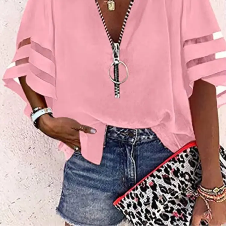 

Fashion Zipper Shirt For Women Casual Solid V Neck Three Quarter Pullover Loose Shirt Tops Lady Spring Womens Clothing New 2025