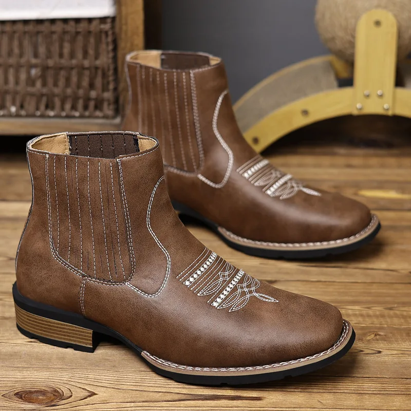 

New Men Shoes Leather Boots Outdoor High Top Casual Shoes Pointed Toe Chelsea Westren Boots