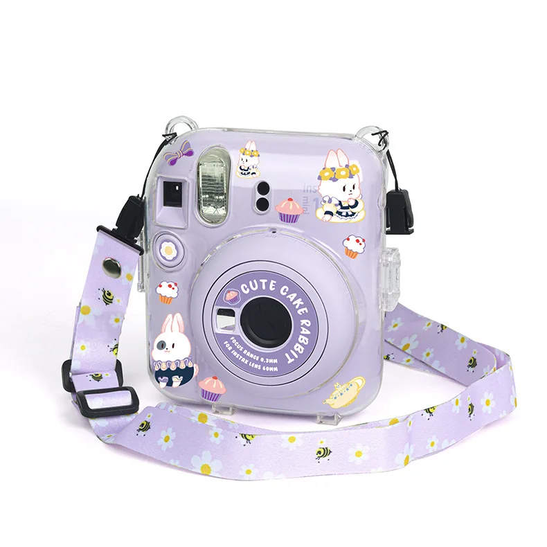 حقيبة كاميرا لـ Instax Mini 12 حافظة شفافة غطاء للحماية حزام الكتف حقيبة التخزين حزام حماية ملصق مجموعة من 3 قطع