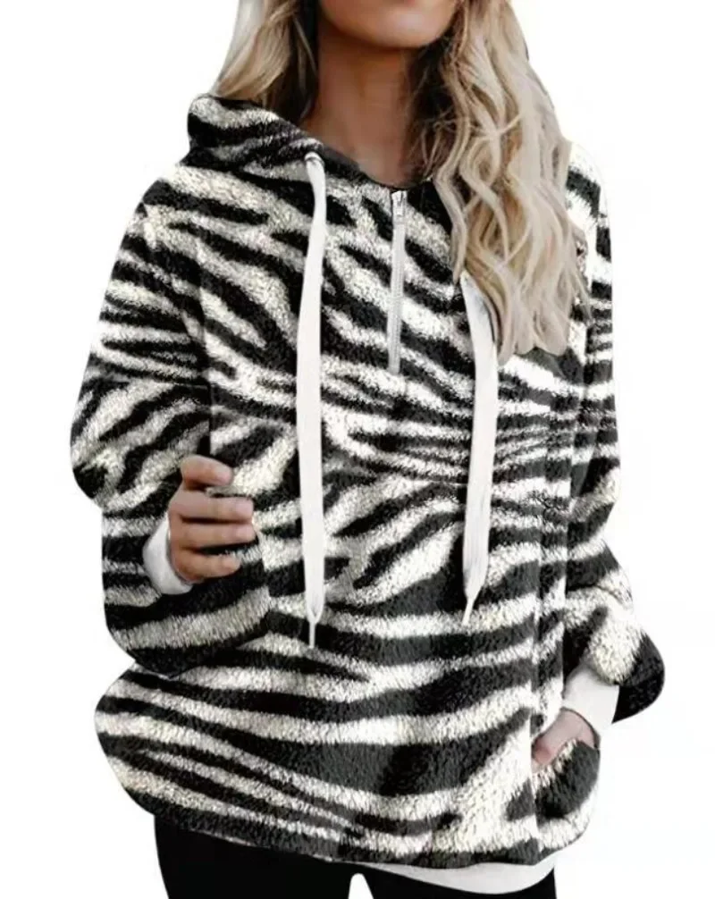 Women Print Half Zipper Hoodies Sweatshirt Autumn Winter Loose Casual Female Drawstring Hooded Pullovers Tops Y2k Sudadera Mujer