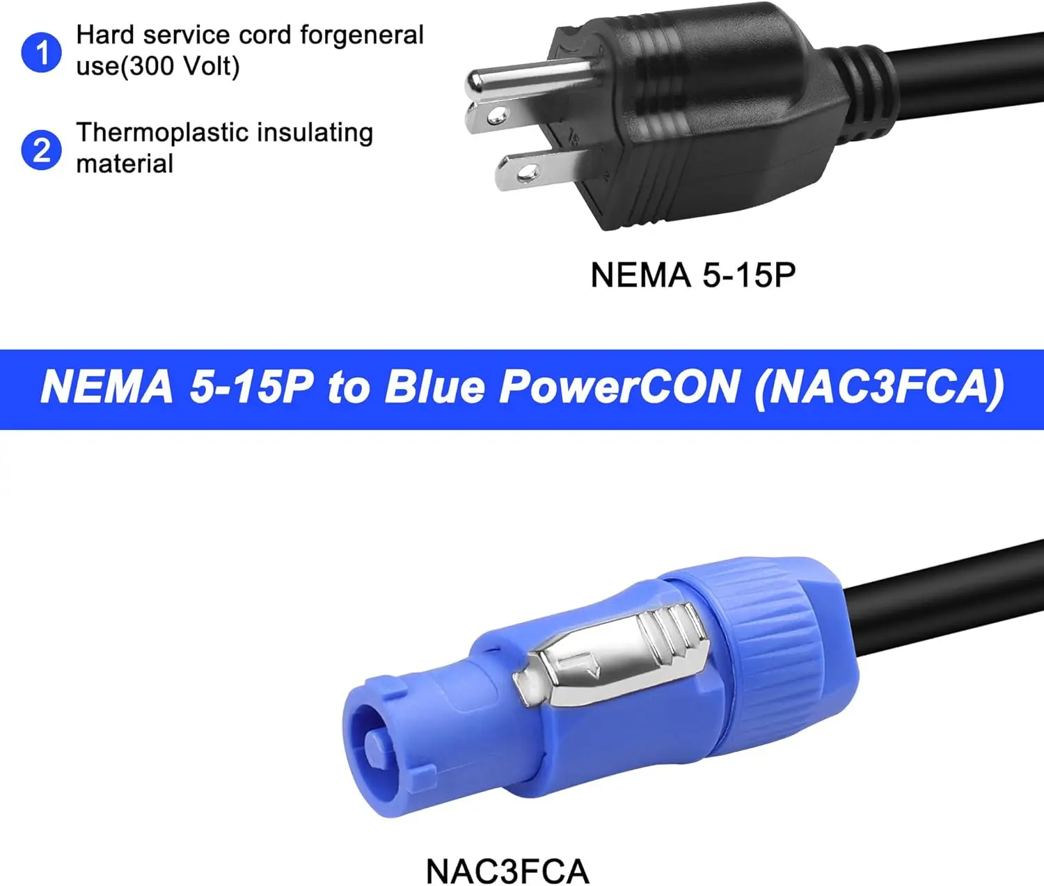 3-Prong NEMA 5-15P to PowerCON 1.5mm² AC Power Cable Cord 20A Heavy-Duty Extension Wire for Outdoor Stage Lighting, LED Screens