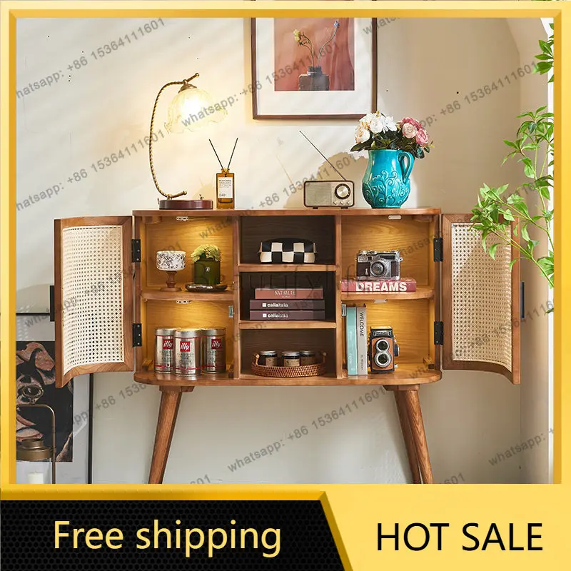 LD rattan small apartment living room antique solid wood storage cabinet entrance side cabinet