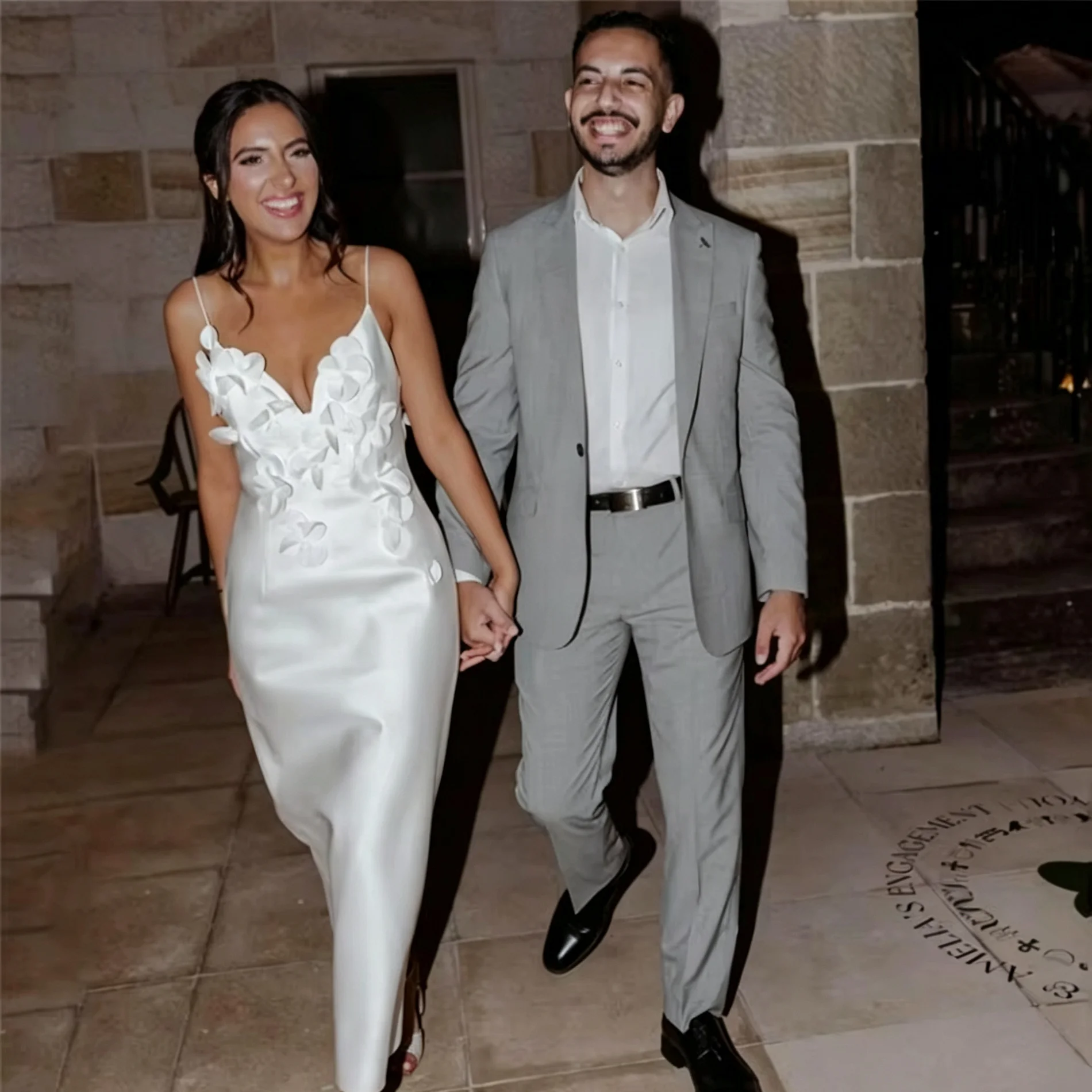 Spaghetti Strap Satin Midi Wedding Dress Deep V Neck 3D Flower Bridal Gown Elegant Engagement Reception Simple White Bride Dress