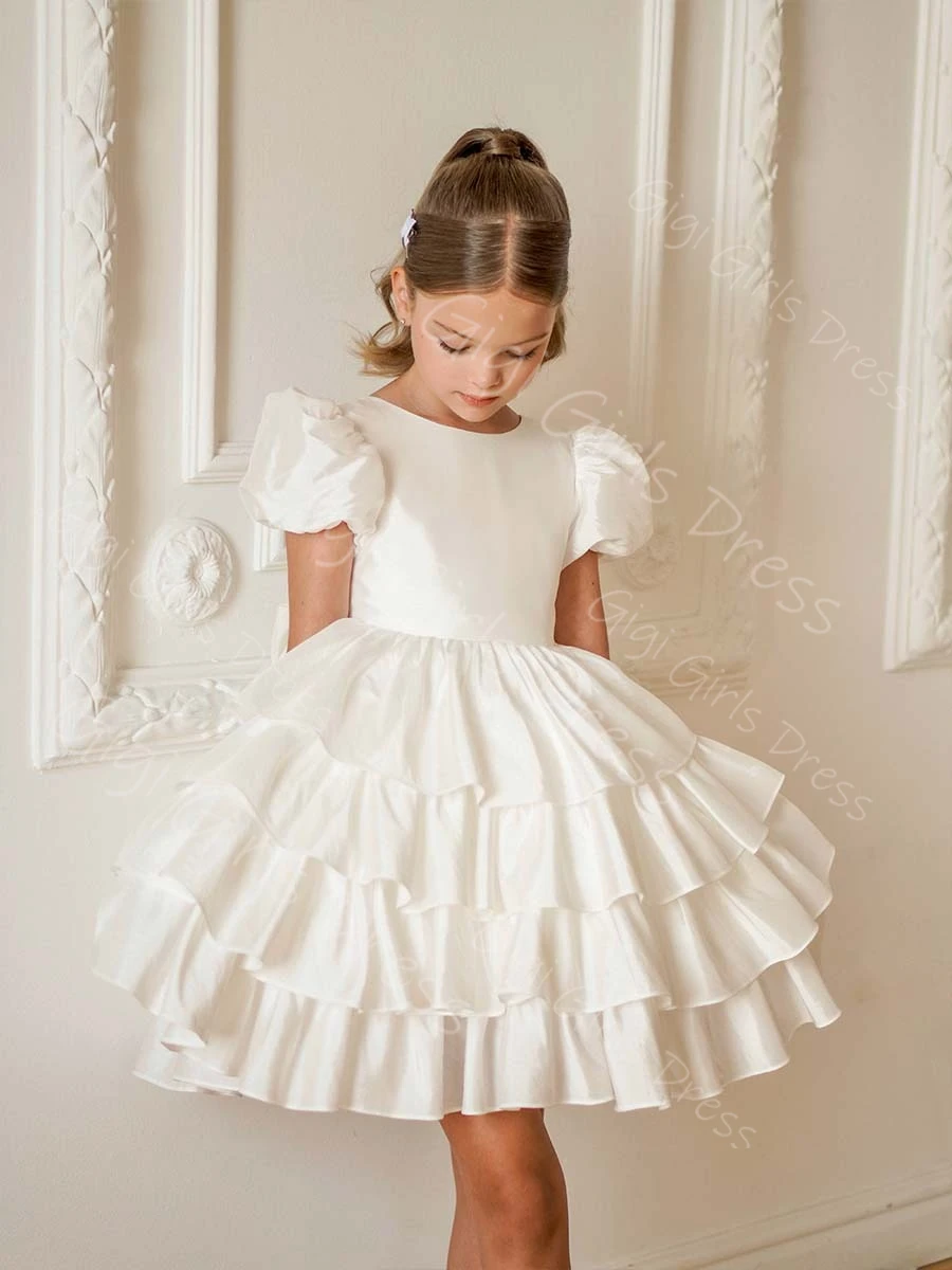 Vestido de princesa personalizado para meninas, vestido de primeira comunhão com mangas bufantes em camadas de chiffon para festa de casamento, mini comprimento com laço