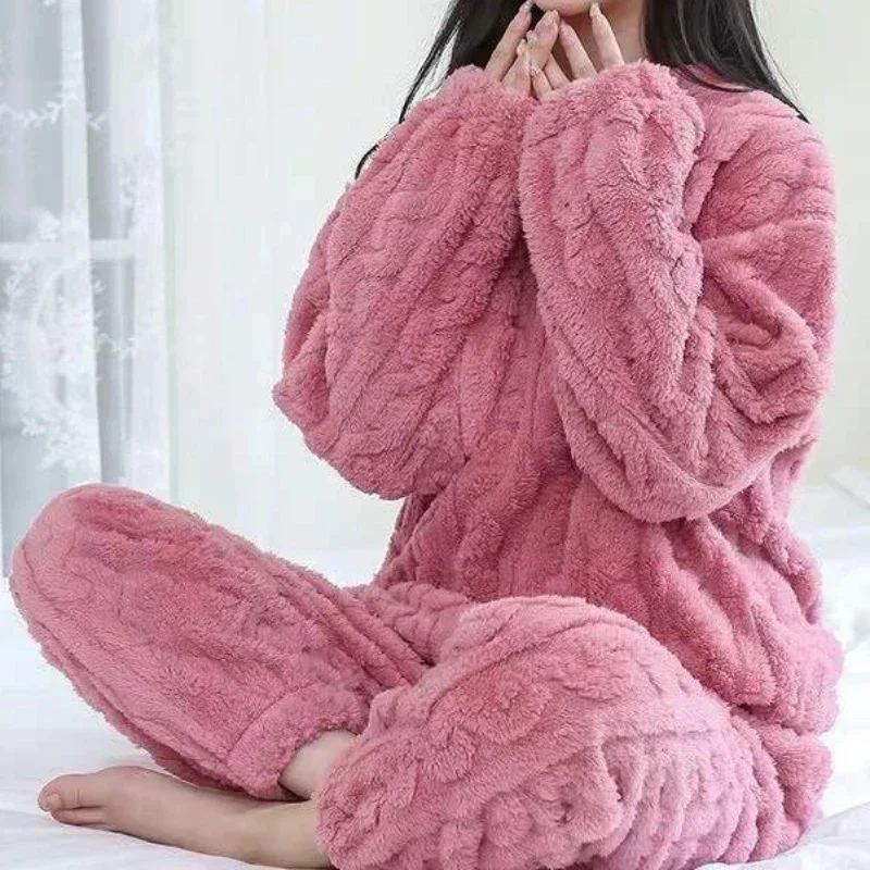 Autumn Winter Women Warm pyjamas 2 Piece Sets Thicken Coral velvet Ribbed Fleece Set woman Pullover and Pants Casual Pajama Sets