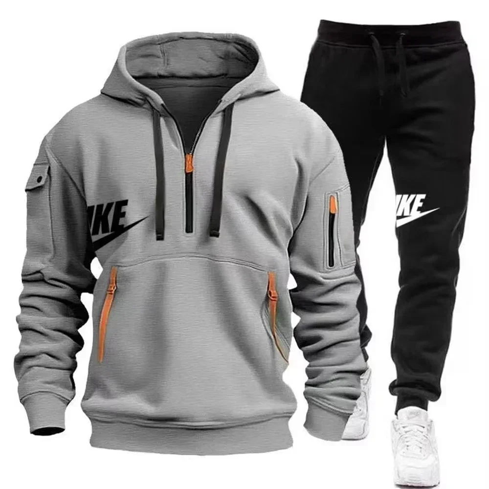 

2025 New Mens Autumn Winter Zippered Hooded Jacket and Pants Set Casual Sportswear Warm Two Piece Tracksuit for Outdoor Running