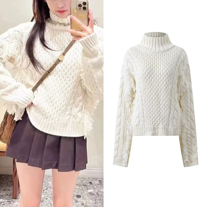 Высококачественная версия, осенне-зимний женский вязаный свитер с кисточками Faion High Ne Twist Flower Knitwear French Sle Long Sve