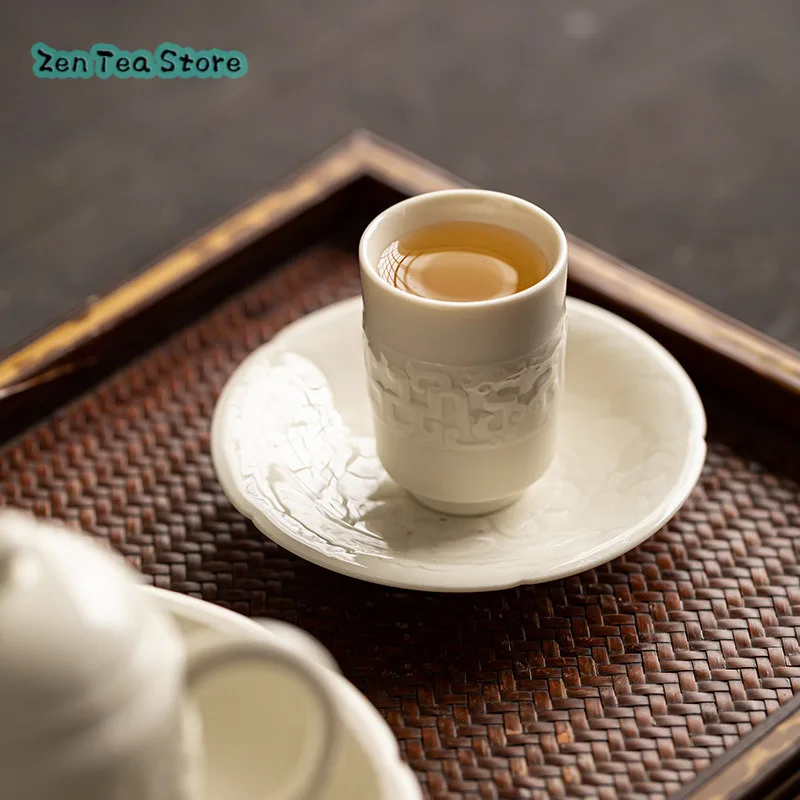 Chinese Ding Kiln White Ceramic Pan Dragon Frolic Relief Host Cup Sample Tea Cup Home Retro Personal Tea