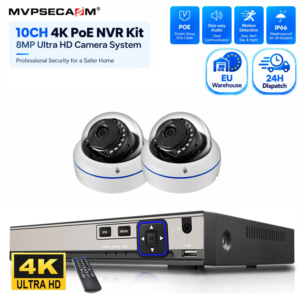 Kit telecamera CCTV PoE da 8MP, videoregistratore di rete 4K a 10 canali, telecamere di sicurezza a cupola, resistente alle intemperie IP66, allarme di movimento, audio unidirezionale, sistema di