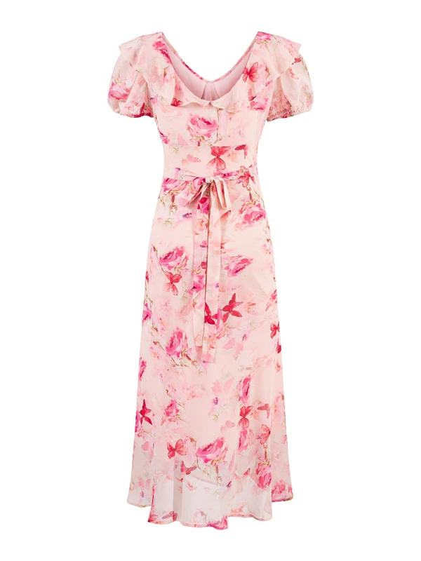 レトロ痩身プリント半袖 V ネックロングドレス女性の夏の休日のガウンハイウエスト A ラインスカートバブルスリーブドレス