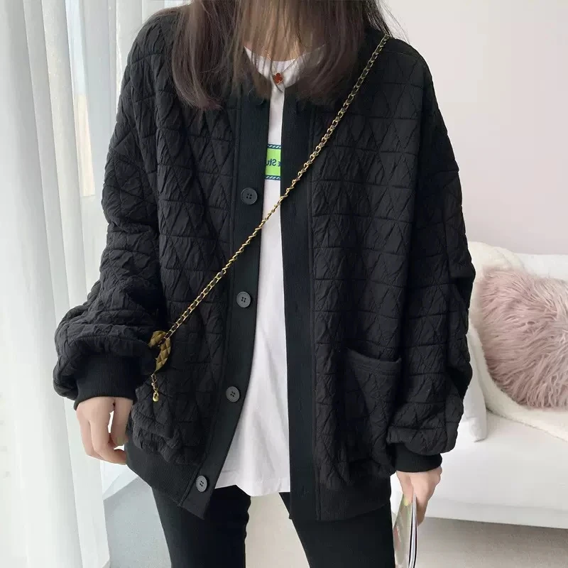 

Утепленный кардиган с длинными рукавами и ромбовидным узором, женская осенне-зимняя хлопковая куртка-бомбер свободного кроя, верхняя одежда