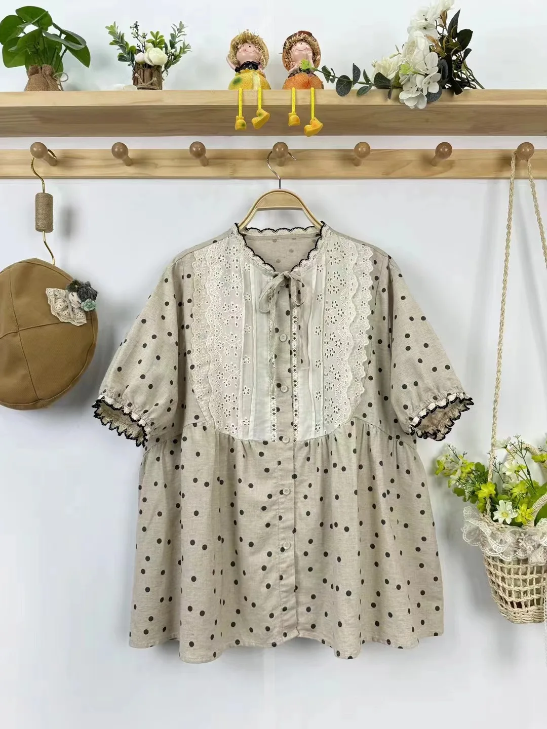 New Summer Cotton Linen Short Sleeve Shirt O Neck Tops Mori Girl Casual Loose Commute Sweet Lace Blouse 2024 Autumn T46706QC