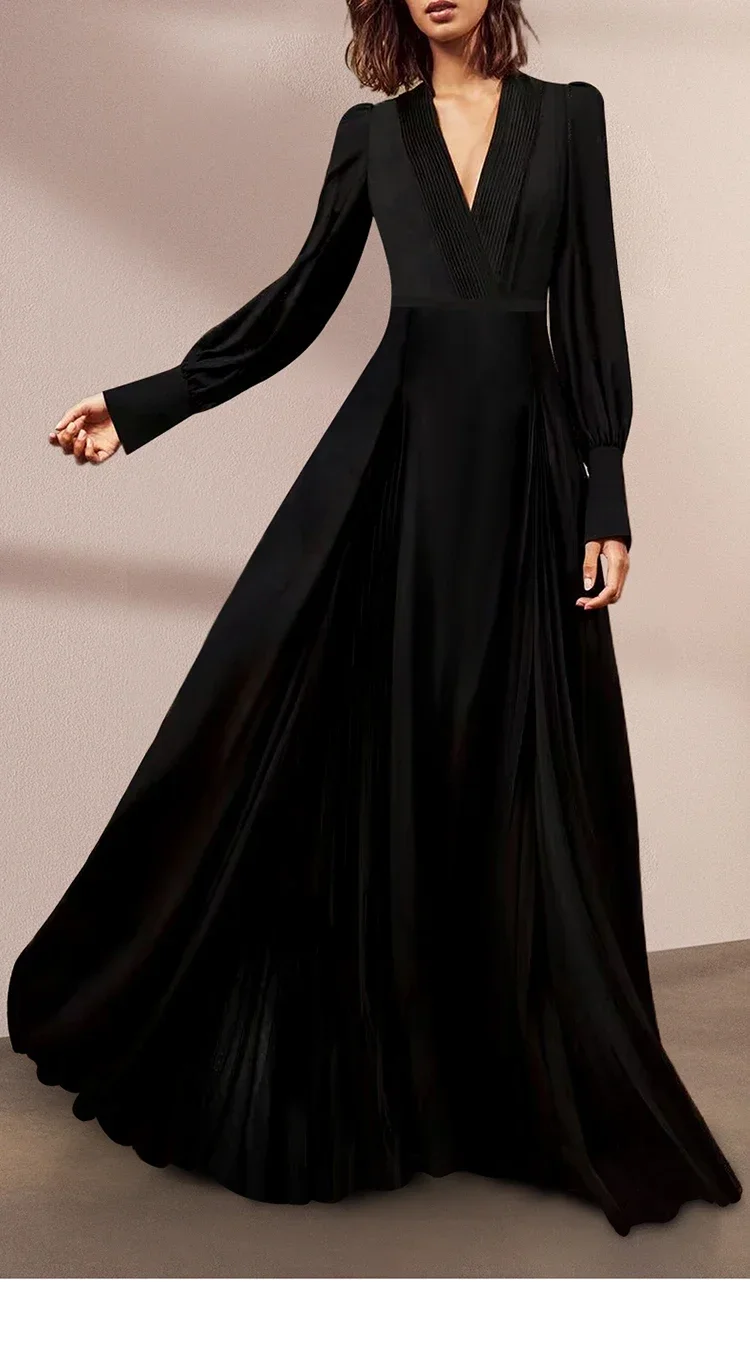 

Spring Designer Black Vintage Pleated Dress Women V Neck Long Sleeve High Waist Slim Long Dress Holiday Party