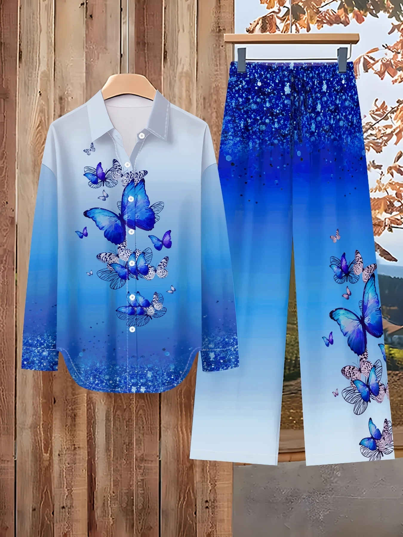Printed Design Casual Style Blue Butterflies Gradient Pattern Print Button Long-Sleeve Suit