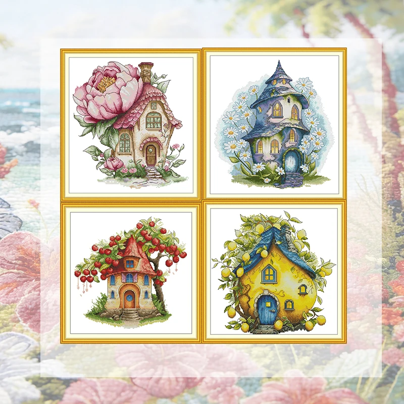

Joy Sunday Cross Stitch Kit Peony Cottage 4PCS Aida 16CT 14CT 11CT DMC Threads DIY Hand Embroidery Kit Art Craft New Hot