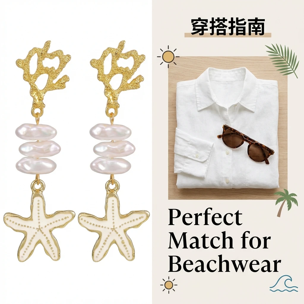 Goldfarbene Korallen-Seestern-Ohrhänger für Damen, trendige weiße Emaille, glänzende Imitationsperlen-Tropfenohrringe, hübscher Strandschmuck – Detail 8