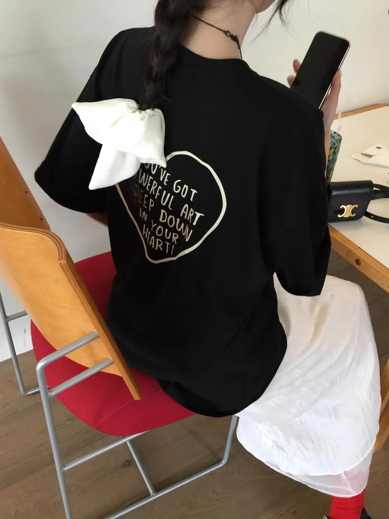 

Love Heart Print Retro INS Sle ort Sve T-irt Women's f Sve Top Korean Loose Fit Cotton Summer Faion