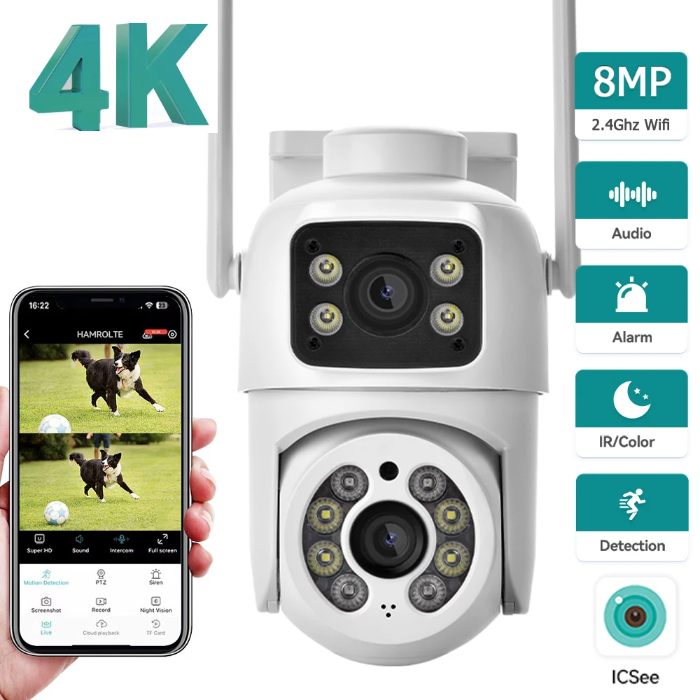 4K 8MP PTZ Security Camera Dual Lens WiFi Outdoor Auto Tracking 4MP Dual Screen AI Human Detection Color Night Vision ICSEE APP