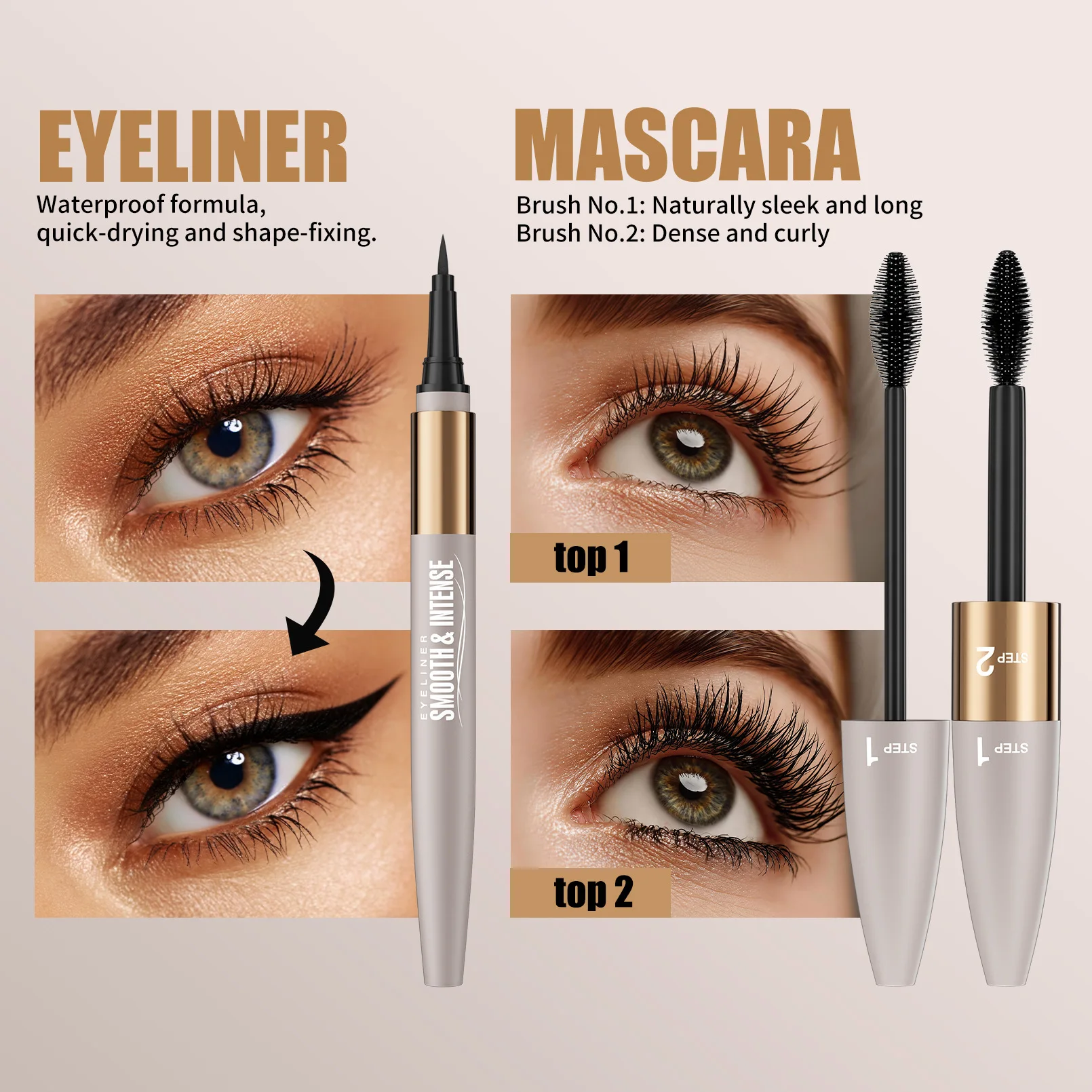 Waterproof Natural Curling Mascara Set Double Effect Hot Sale for Lengthening Full Fanned Lash Beauty Essential Combo