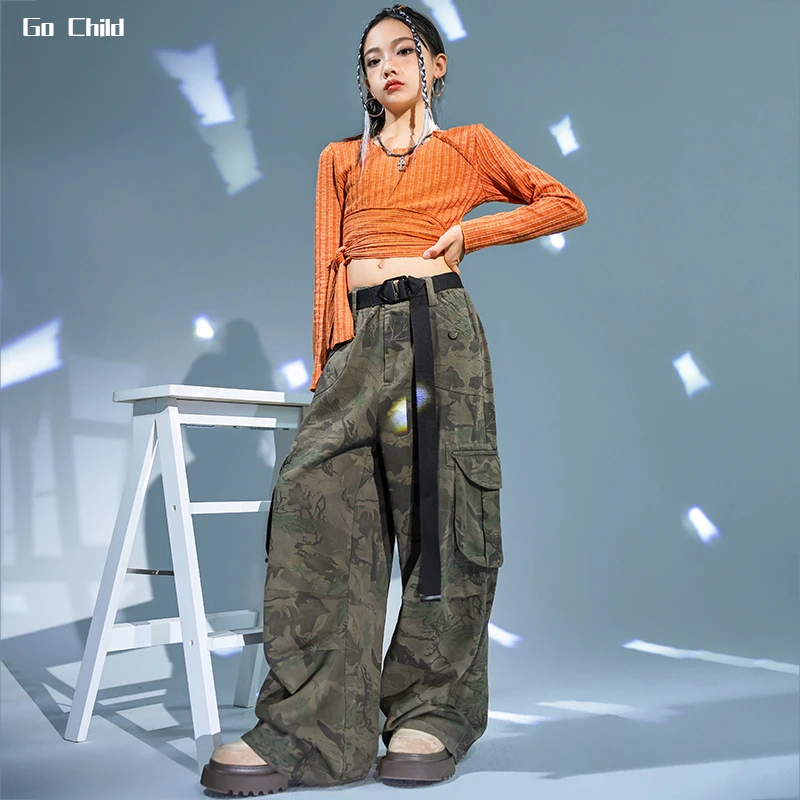 Hip Hop Girls Elegant Striped Crop Top Camouflage Cargo Pants Children Military Streetwear Kids Jazz Street Dance Clothes Sets