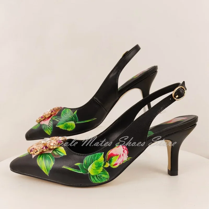 

Luxury Mixed Colors Rhinestone Floral High Heel Pumps Women's Summer Pointed Party Sandals Printed Buckle Leather Wedding Shoes