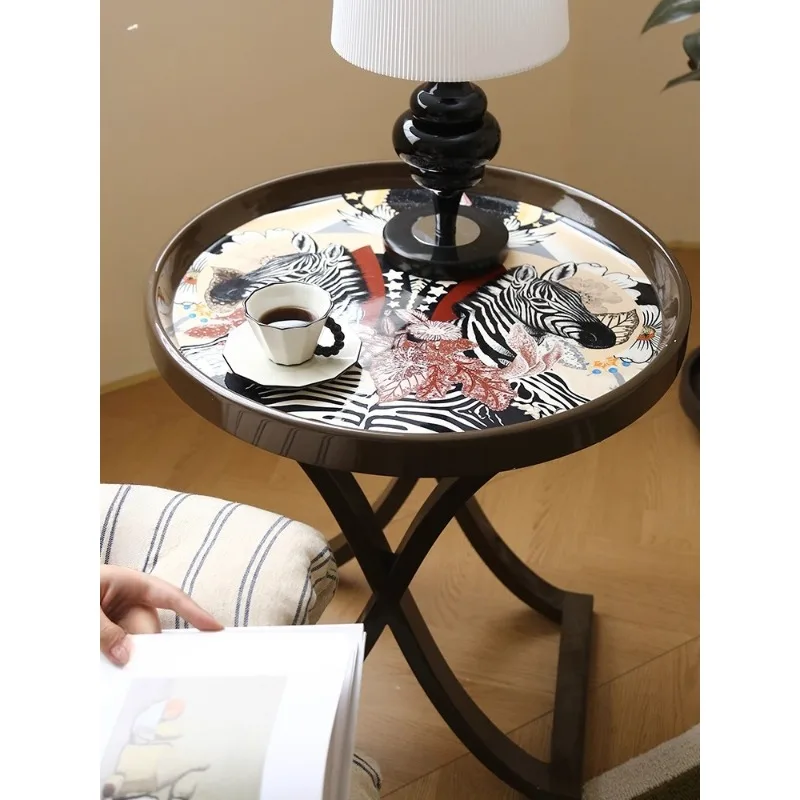 

Zebra painted tea side table, art lacquered wood new Chinese French living room decoration