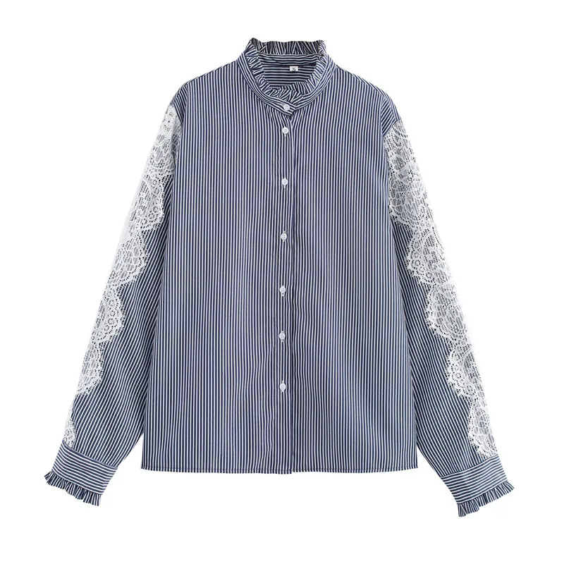 

Fashionable Simple Versatile Lace Patchwork Striped Shirt Top