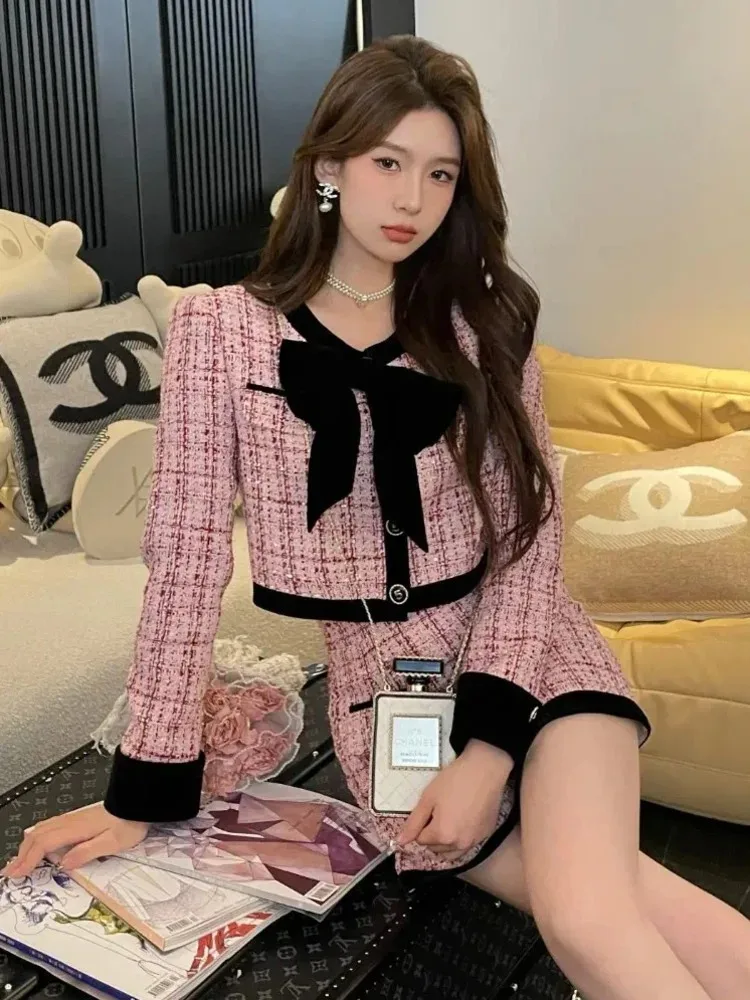 Autumn Winter Small Fragrance Tweed Two Piece Set Women Short Jacket Coat + Skirt Suits Korean 2 Piece Sets Women Outfit