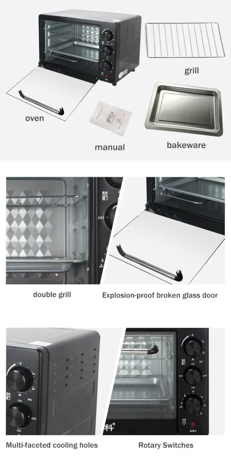 فرن كهربائي سعة 22 لتر، خبز منزلي، متعدد الوظائف، سعة كبيرة، فرن كهربائي لسطح المكتب، تشغيل بسيط وسهل التنظيف