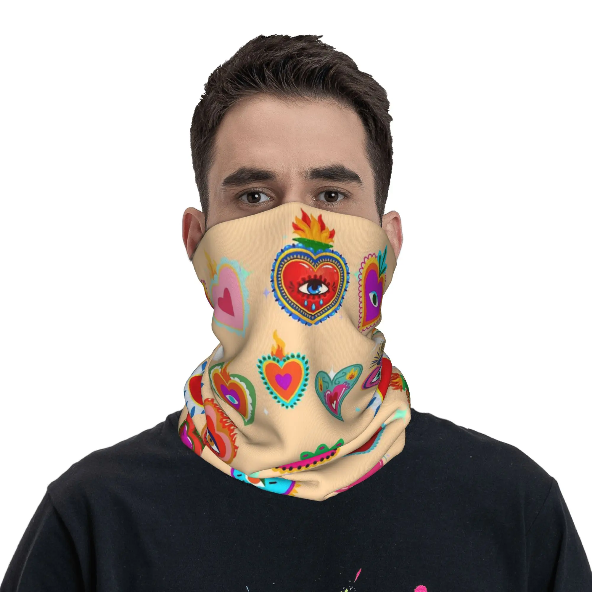 Retro Mexican Heart Milagro pattern  Bandana Neck Gaiter Printed Mask Scarf Multifunction Headband Hiking Fishing Unisex Adult