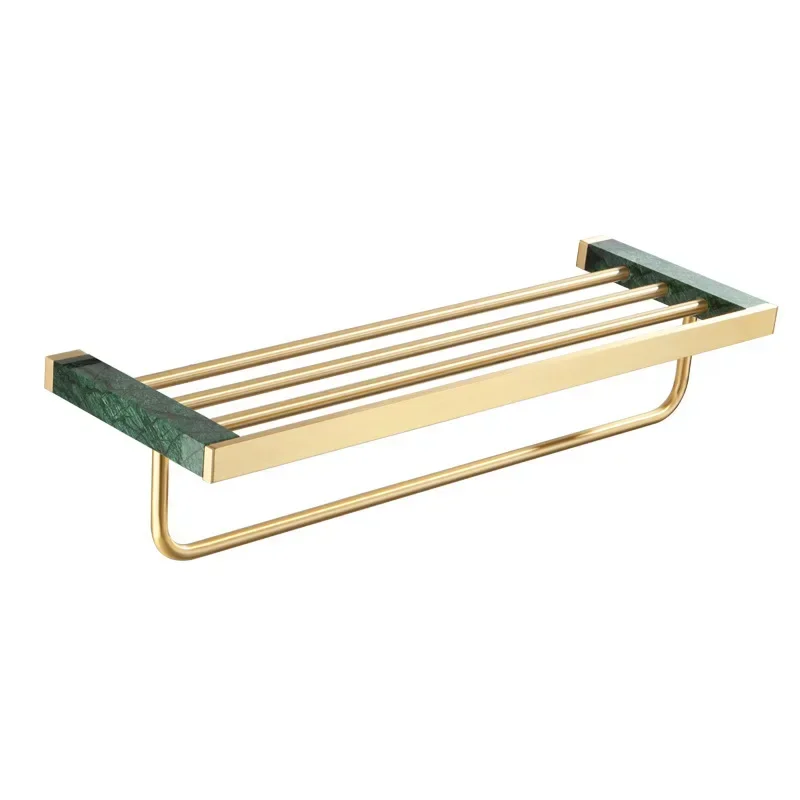 Bathroom dark green marble brass brushed bath towel rack toilet shelf set