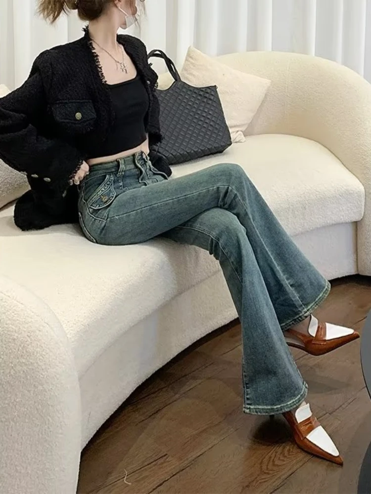 Slim กางเกงยีนส์ผู้หญิงวินเทจฤดูใบไม้ร่วงฤดูใบไม้ผลิแฟชั่น COZY All-Match Basic ใหม่ Office Lady กางเกงความยาวเต็ม INS Distressed Harajuku