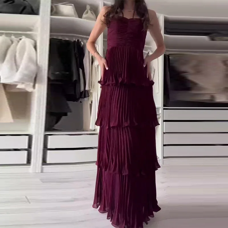 

2025Summer New European and American Hot New Women's Clothing Solid Color Fashion Pleated Ruffle Sleeveless Cake Dress