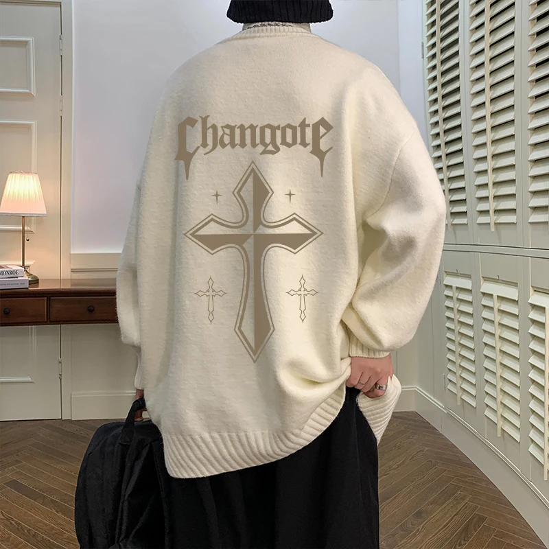 

Vintage High Collar Fce Lined Men's Knitwear Casual Cross Design Lazy Sle American Brand Winter Season Sweater