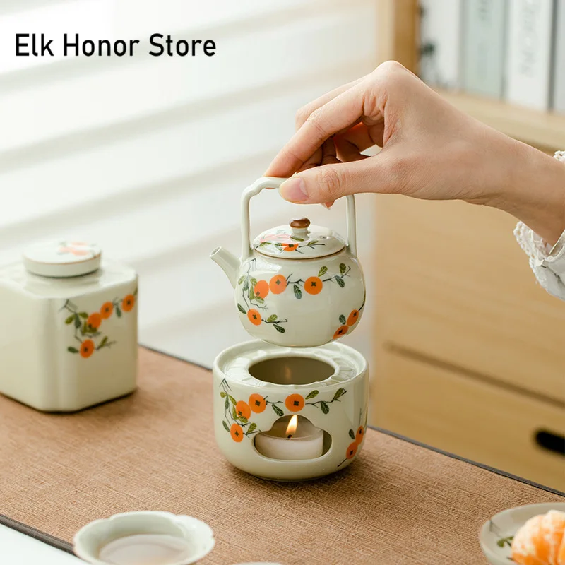 Pure Hand-painted Persimmon Petals Roasted Tea Tray Ceramic Heating Base Warmer Tea Incense Device Tea Candle Mini Ornaments