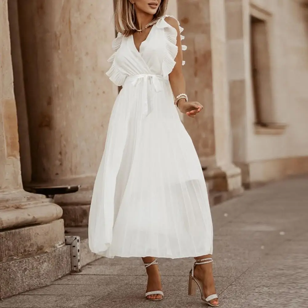 

Women V-neck Dress Elegant V-neck Maxi Dress with Ruffle Sleeves Lace-up Waist Women's Summer A-line Pleated Dress for Dating