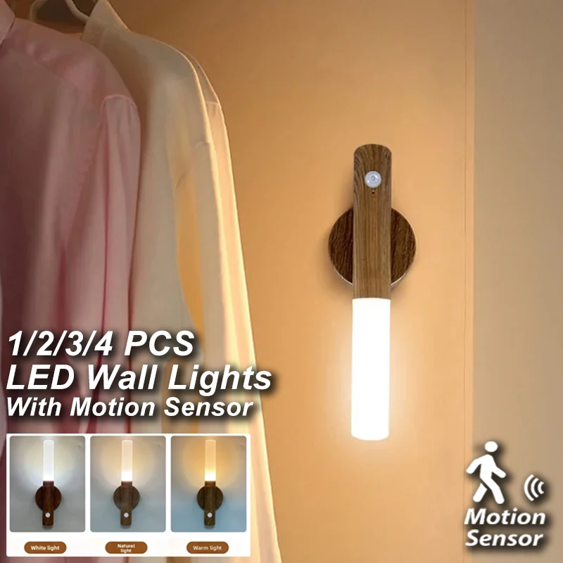 Lampu Dinding LED Isi Ulang dengan Sensor Gerak, Lampu Malam Motif Kayu, Pemasangan Magnetik untuk Tangga, Lorong, Kamar Tidur, Samping Tempat Tidur