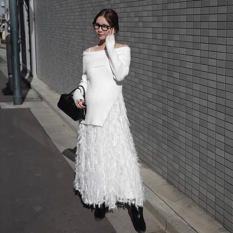 2025 Japanese Style Sweet Elegant White Feather Sling Dress Sweater 2-Piece Set Women's Slimming Elegant Princess Dress Set